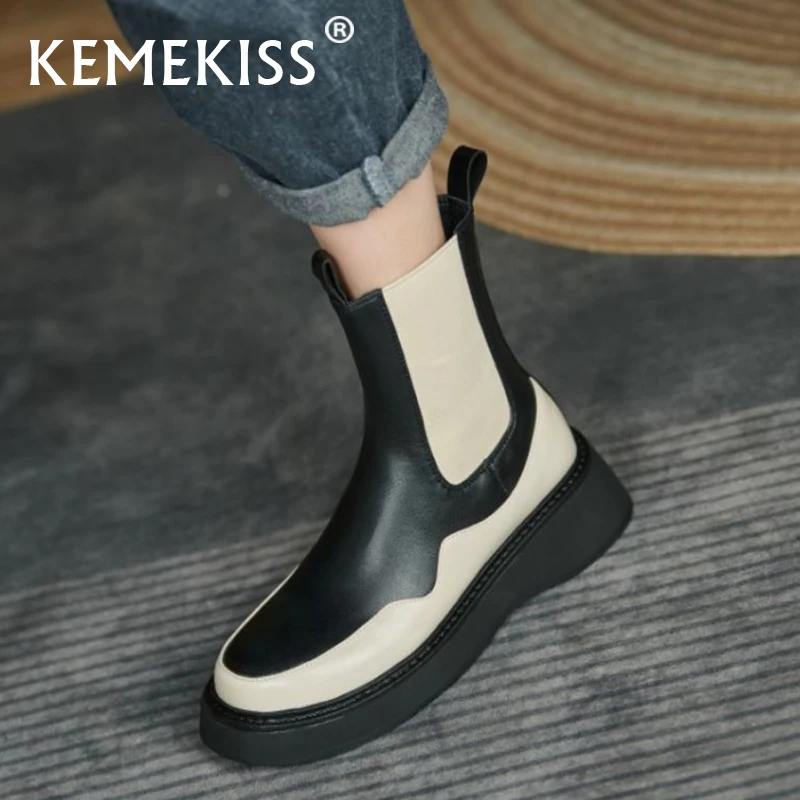 

Kemekiss 2022 Women Real Leather Ankle Boots Mixed Color Paltform Slip On Short Boot Cool Winter Ladies Footwear Size 34-40