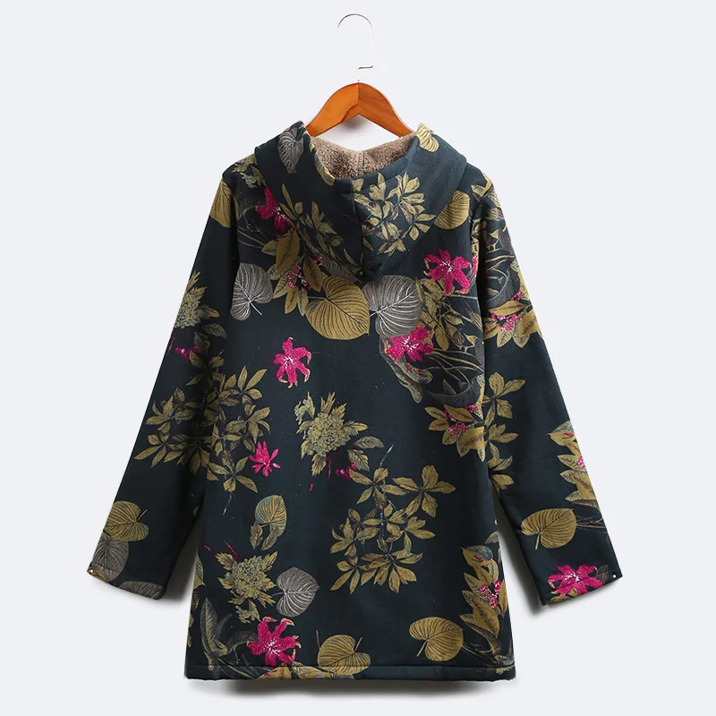5XL Plus Size Jacket Coat Women Faux Fur Hooded Parka Floral Print Side Pockets Warm Vintage Long Outwear female tunic Tops | Женская