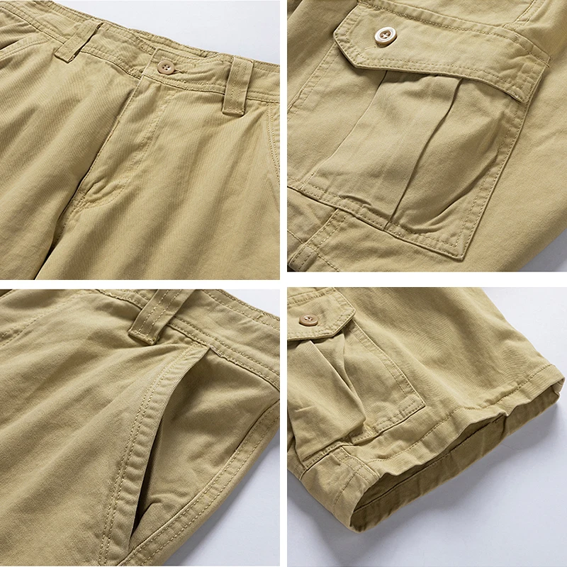 

SENSELINK 2021 Summer New Casual Vintage Classic Pockets Cargo Shorts Men Outer fashion Khaki Pure cotton men's shorts