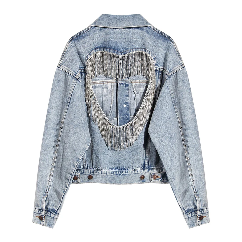 VGH Patchwork Tassel Heart Hollow Out Backless Jacket For Women Lapel Collar Long Sleeves Denim Coats Female 2021 Spring New
VGH Patchwork Tassel Heart Hollow Out Backless Jacket For Women Lapel Collar Long Sleeves Denim Coats Female 2021 Spring New