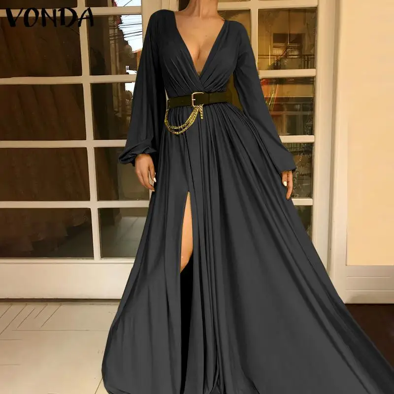 Autumn Long Sleeve V Neck Split Hem Dresses VONDA Women Sexy High Slit Solid Dresses Femme Vestidos Oversized Long Robes
Autumn Long Sleeve V Neck Split Hem Dresses VONDA Women Sexy High Slit Solid Dresses Femme Vestidos Oversized Long Robes