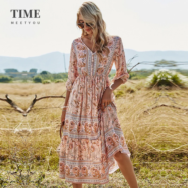 Women Bohemia Floral Dress Casual V Neck High Waist Half Sleeve Dress For Women High Waist Fashion Print Summer Long Dress
Women Bohemia Floral Dress Casual V Neck High Waist Half Sleeve Dress For Women High Waist Fashion Print Summer Long Dress