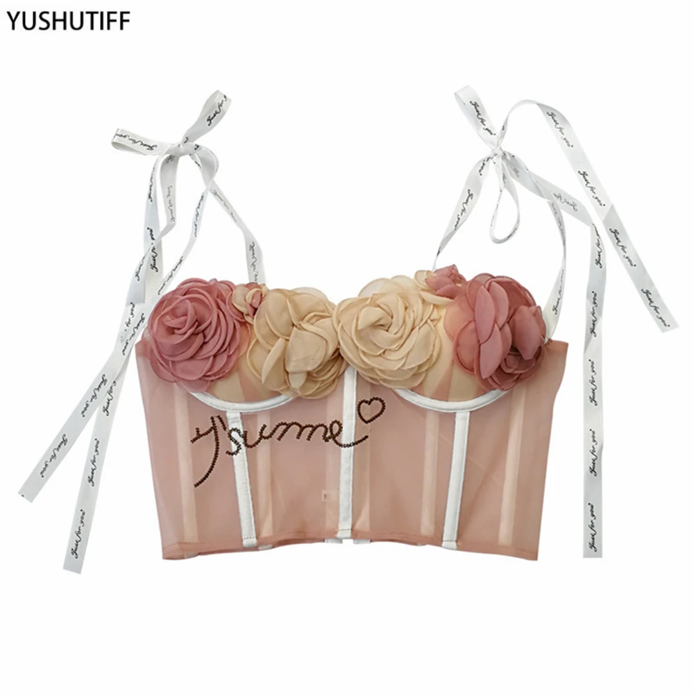 

Lace Up Flowers Sweet Female Corset Top With Cups Women Cropped Nightclub Party Sexy Crop Top Push Up Bustier Cami Built in Bra