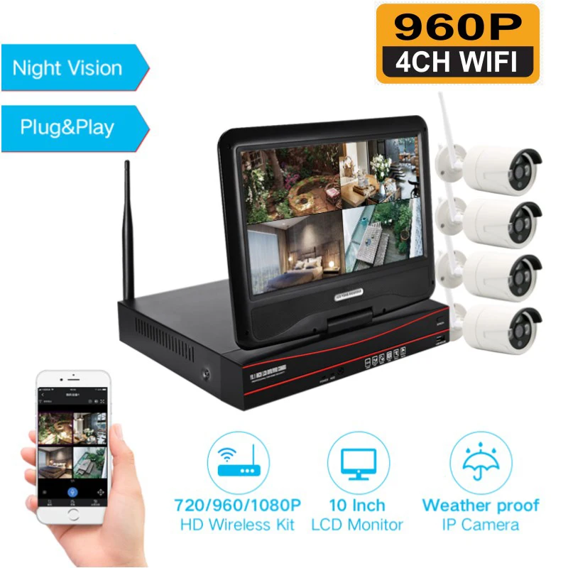 4CH 960P HD 10''LCD монитор Беспроводной NVR комплект P2P 1.3MP Крытый Открытый ИК ночного