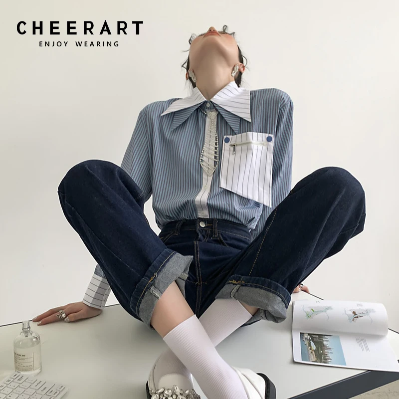 CHEERART, рубашка в полоску с двойным воротником на пуговицах для женщин, осень 2021, модный дизайнерский Топ с длинным рукавом, Корейская рубашка,...
CHEERART, рубашка в полоску с двойным воротником на пуговицах для женщин, осень 2021, модный дизайнерский Топ с длинным рукавом, Корейская рубашка,...