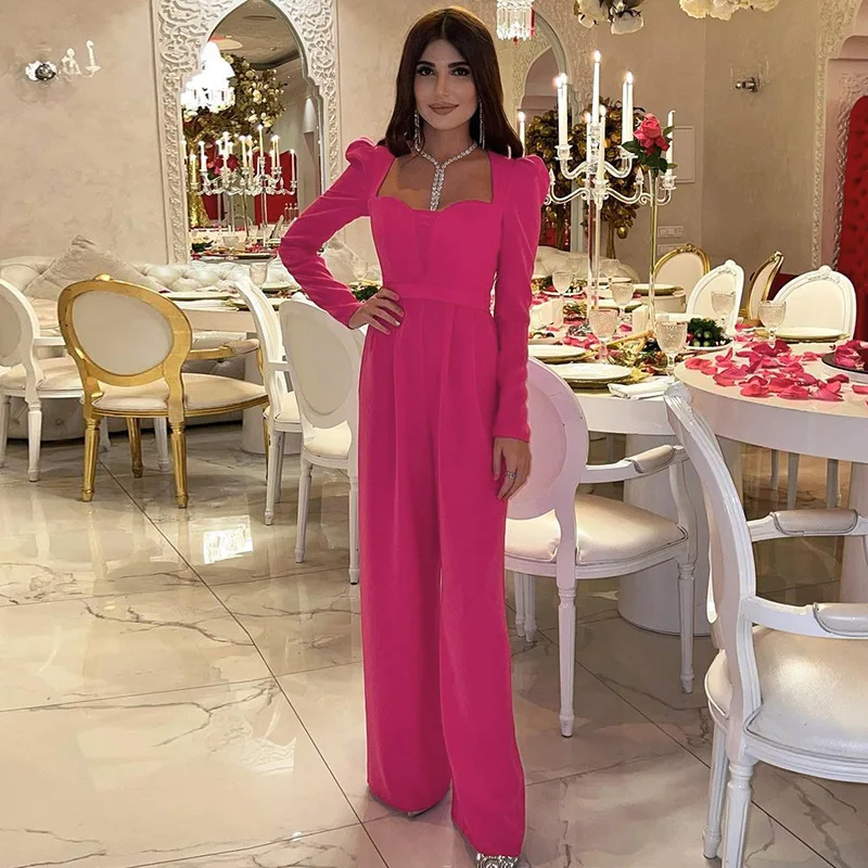 

Autumn 2021 Nightclub Jumpsuit Solid Color Long-sleeved V-neck Temperament One-piece Flared Pants Elegant Long Women's Overalls