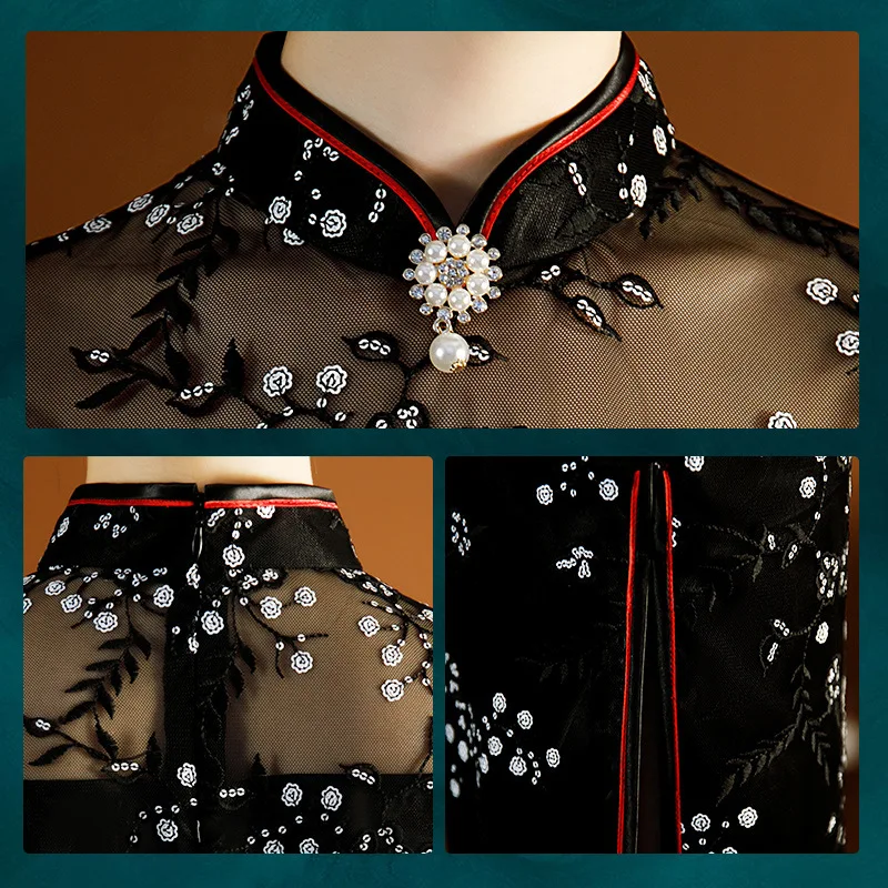 Embroidery Floral Sexy Lace Cheongsam Mid Length Satin Qipao Perpestive Black Dress Female Big Size 3XL 4XL Classic Vestidos
Embroidery Floral Sexy Lace Cheongsam Mid Length Satin Qipao Perpestive Black Dress Female Big Size 3XL 4XL Classic Vestidos