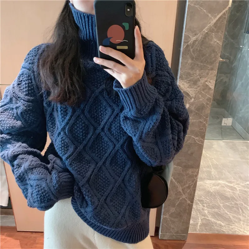Autumn Women Vintage Turtleneck Thicken navy blue Twisted Striped Knitted Jumpers Casual tops Loose Female Knitted Sweaters
Autumn Women Vintage Turtleneck Thicken navy blue Twisted Striped Knitted Jumpers Casual tops Loose Female Knitted Sweaters