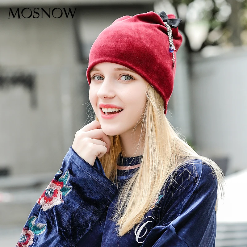 Шапка-бини для осени и зимы модные однотонные милые шапки с бантом подвеской