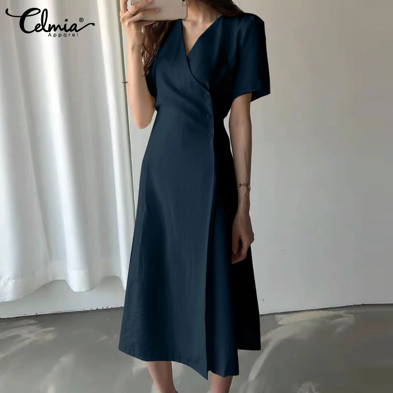 2021 Celmia Elegant Women Shirt Wrap Dress Sexy V Neck Summer Short Sleeve Long Dress Ladies Waist Botton Casual Elegant Vestido
2021 Celmia Elegant Women Shirt Wrap Dress Sexy V Neck Summer Short Sleeve Long Dress Ladies Waist Botton Casual Elegant Vestido