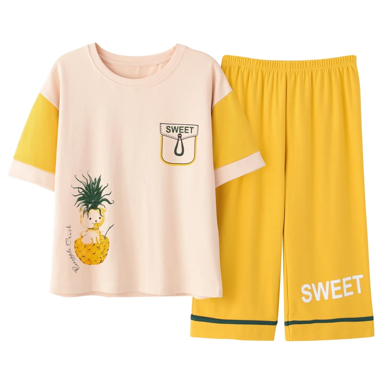 Summer Cartoon Cotton Pajamas Set Sweet Yellow Women Sleepwear Plus Size Calf-Lengrh Pants Home Wear Casual Soft 2021 Nightwear
Summer Cartoon Cotton Pajamas Set Sweet Yellow Women Sleepwear Plus Size Calf-Lengrh Pants Home Wear Casual Soft 2021 Nightwear