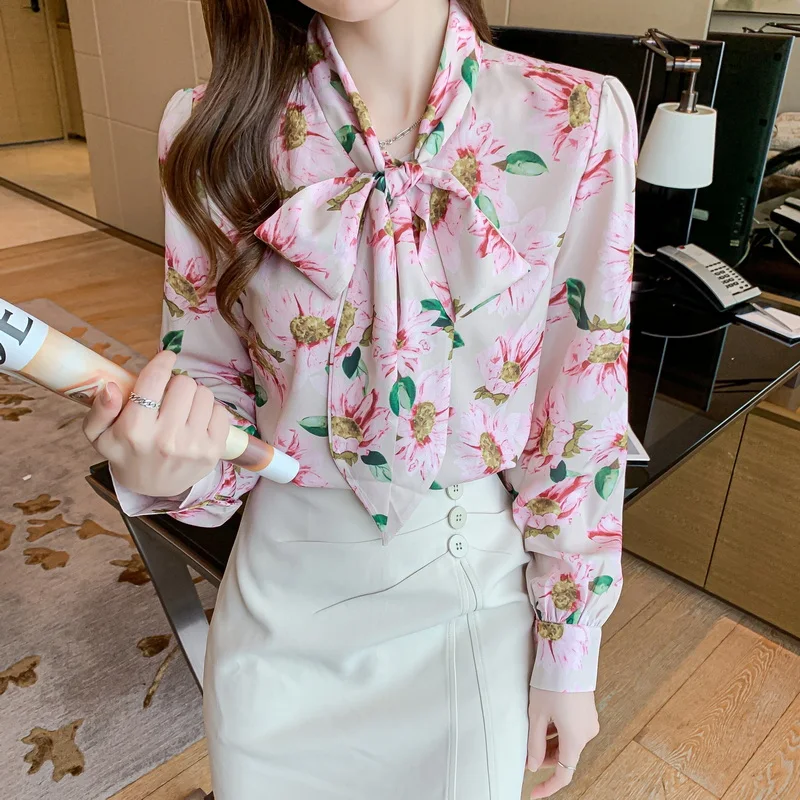 

Chikichi 2021 весна-осень новый стиль Корейская мода элегантный галстук-бабочка шифоновая Свободная рубашка с длинными рукавами на пуговицах для...