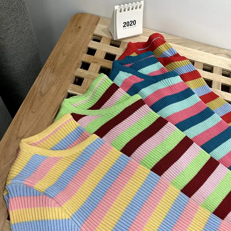 Women's Rainbow Striped O-neck Knitted Sweater Shirt New Female Students Short Sleeve Pullover Tops For Girls Summer Real Photos
Women's Rainbow Striped O-neck Knitted Sweater Shirt New Female Students Short Sleeve Pullover Tops For Girls Summer Real Photos