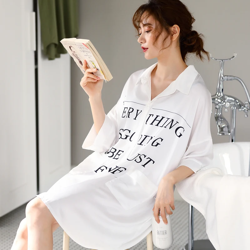 Solid Silk Sleepwear Spring Summer Short Sleeve Turn-down Collar Homewear Dress White Satin NightGown Women
Solid Silk Sleepwear Spring Summer Short Sleeve Turn-down Collar Homewear Dress White Satin NightGown Women