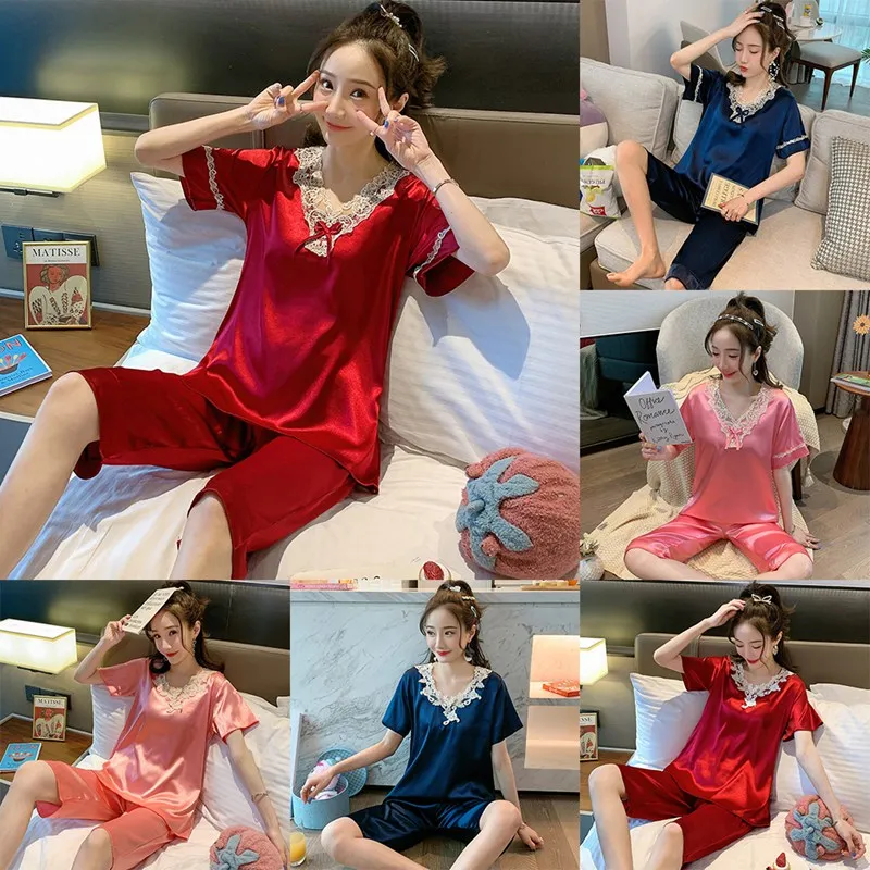 Summer Satin Pajamas Set Women Lace Trim V-neck Short-sleeved Top Shorts Suit Loose Casual Solid Color 2 Pcs Home Wear Sets
Summer Satin Pajamas Set Women Lace Trim V-neck Short-sleeved Top Shorts Suit Loose Casual Solid Color 2 Pcs Home Wear Sets