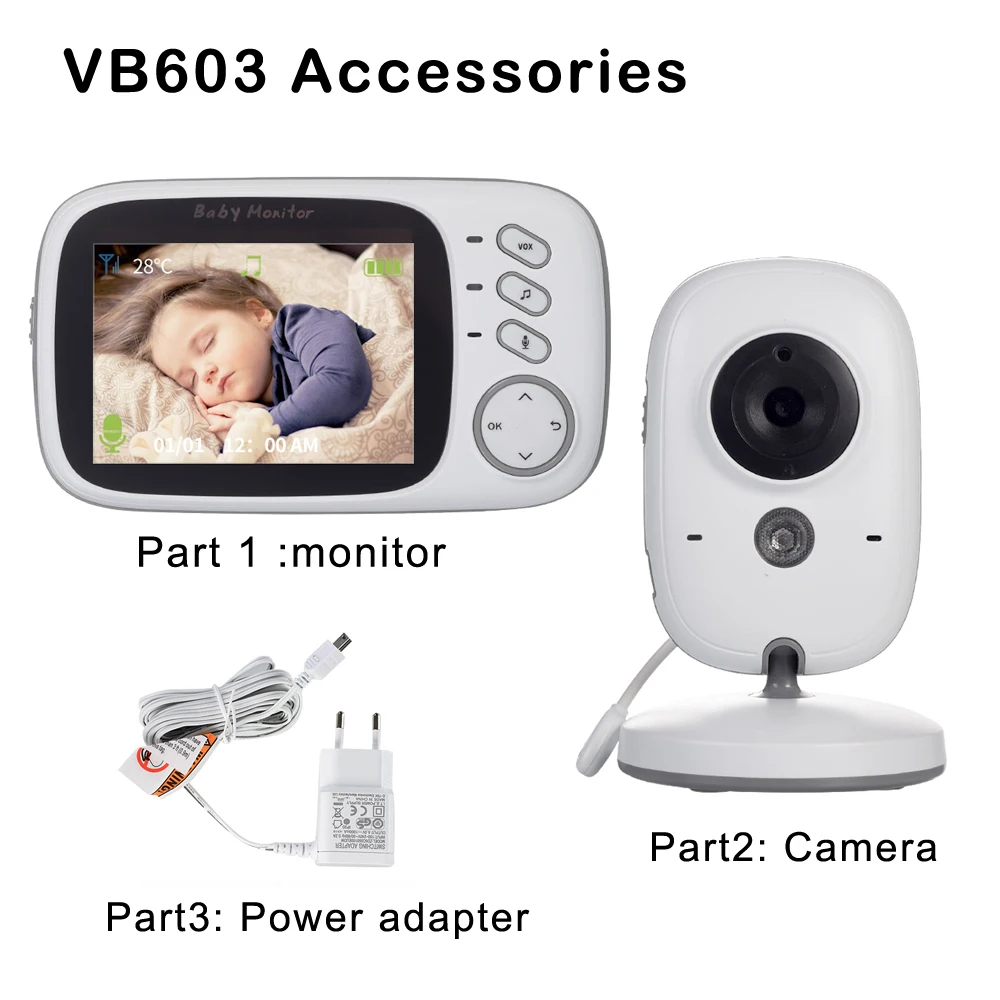 

Аксессуары: беспроводной цветной видеоняня 3,2 дюйма, адаптер питания, подставка для детской камеры видеонаблюдения для VB603 ,BM603,VB605