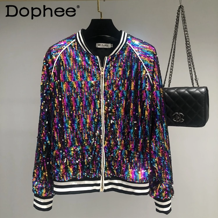 StreetWear Colorful Sequined Jacket Women Stand Collar Long Sleeve Zipper Short Baseball Uniform Female 2021 Spring Autumn Coat
StreetWear Colorful Sequined Jacket Women Stand Collar Long Sleeve Zipper Short Baseball Uniform Female 2021 Spring Autumn Coat