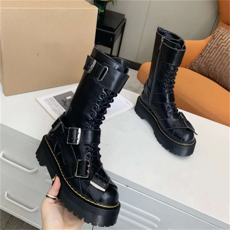 

Motorcycle Boots Women Thick Sole Lace Up Bottine Femme Genuine Leather Buckle Female Shoes Luxury Brand Designer Botas De Mujer