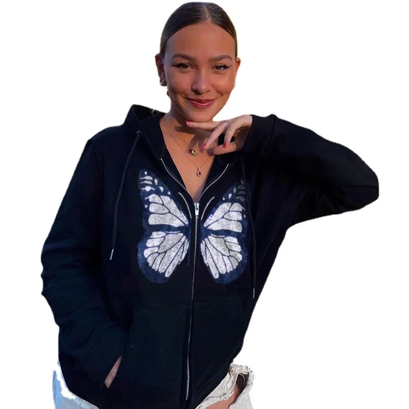 European and American Fashion Women's Wear Casual Loose Jacket Top Butterfly Rhinestone Printing Long-Sleeved Hooded Sweater BM
European and American Fashion Women's Wear Casual Loose Jacket Top Butterfly Rhinestone Printing Long-Sleeved Hooded Sweater BM