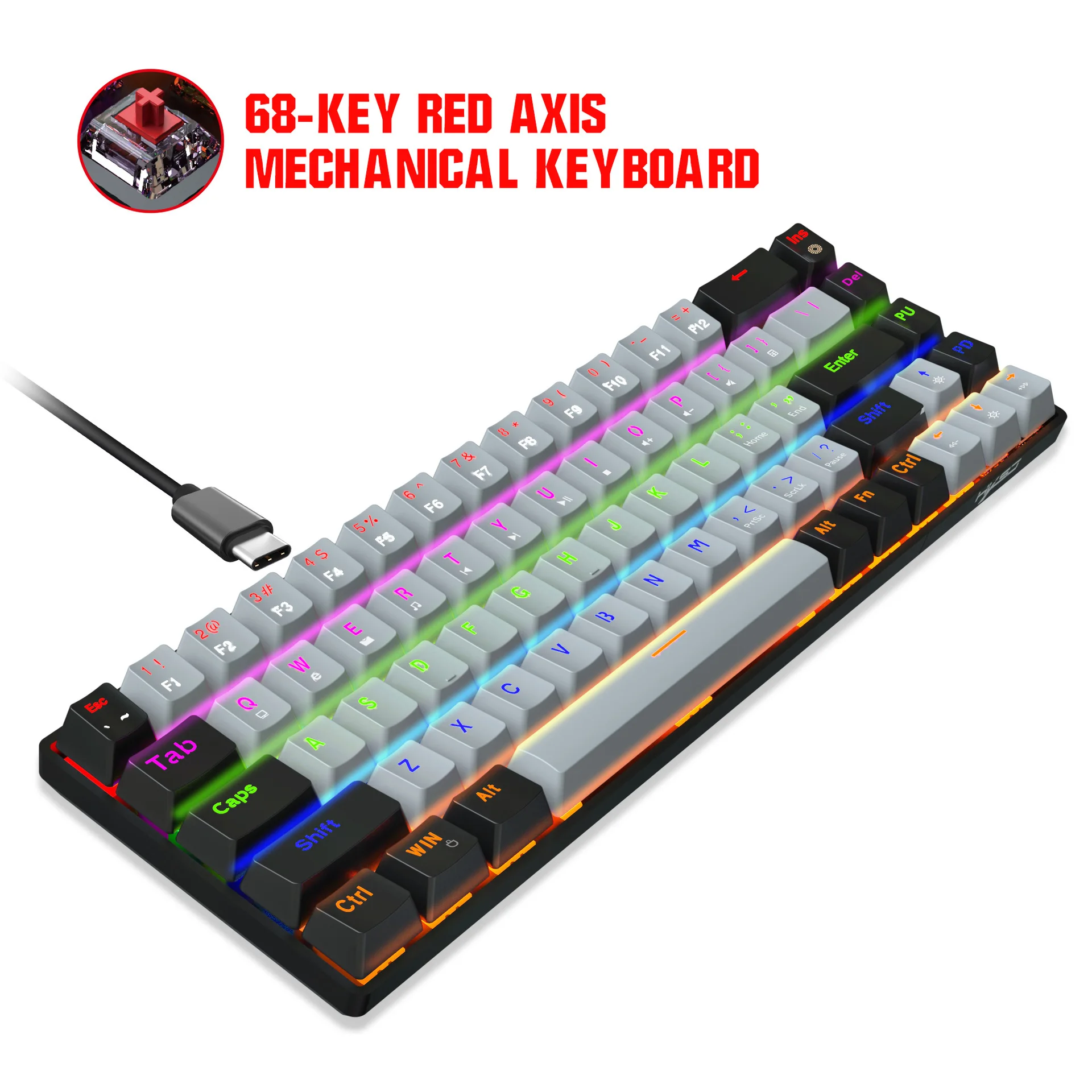 Механическая клавиатура 68 клавиш зеленая ось красная двухцветная RGB несколько с