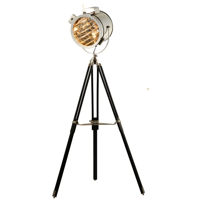 

Nordic American Retro Tripod Floor Lamp Silver Golden Wooden Industrial Searchlight Creative Studio Standing Light