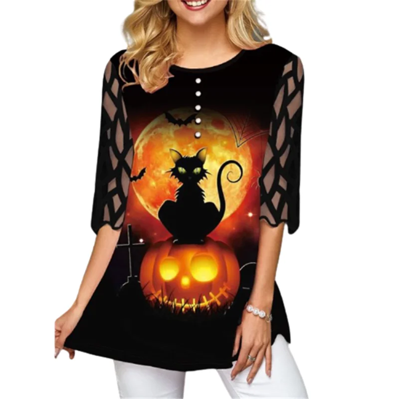 Halloween Pumpkin Black Cat Print Lace Sleeve Button Decoration Women T Shirt O Neck Ladies Spring Autumn Products Vintage Pops
Halloween Pumpkin Black Cat Print Lace Sleeve Button Decoration Women T Shirt O Neck Ladies Spring Autumn Products Vintage Pops