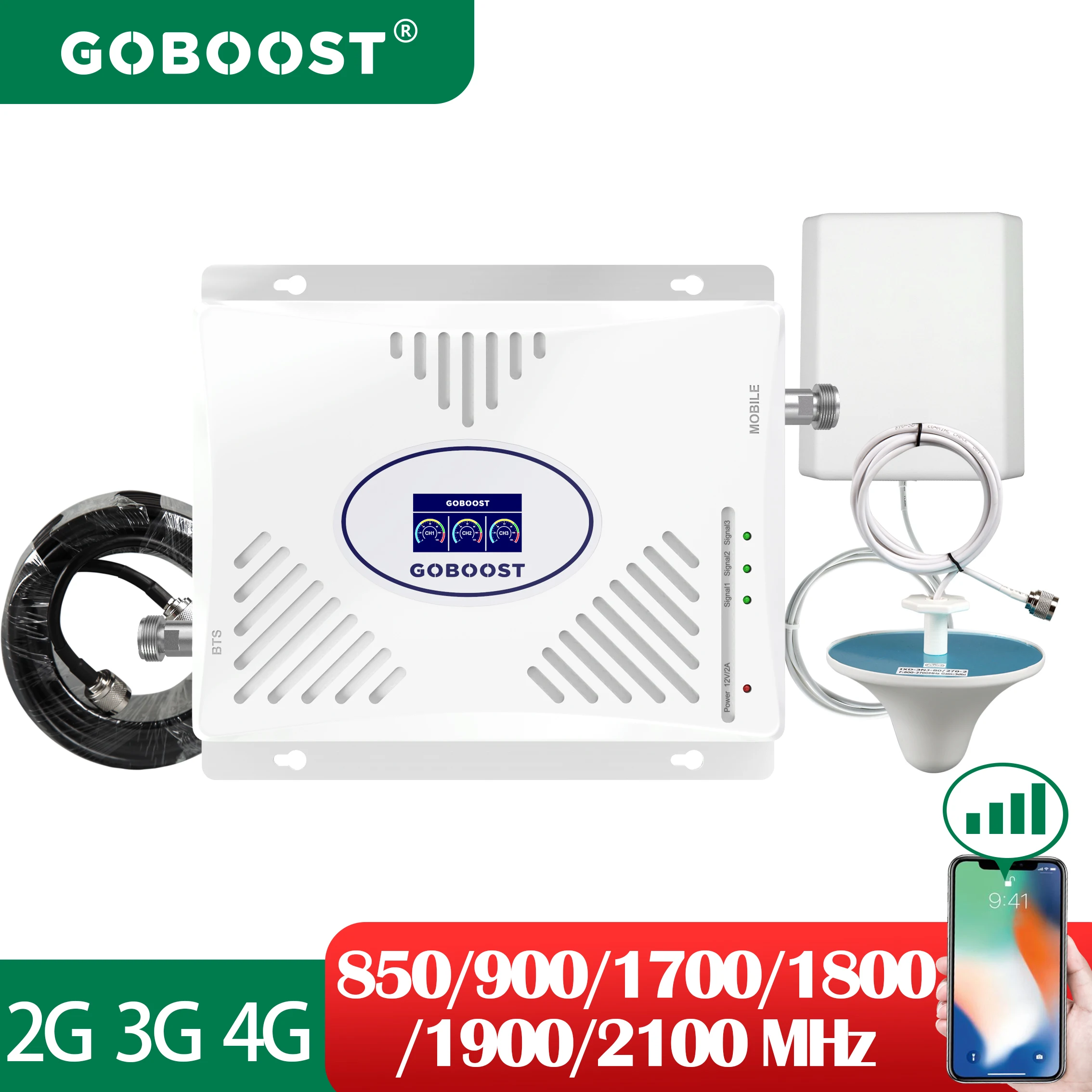 

GOBOOST 3G 4G Signal Booster Tri Band 900 1700 1900 1800 2100Mhz Cellular Repeater GSM WCDMA Dissplay Cell Phone Amplifier Kit