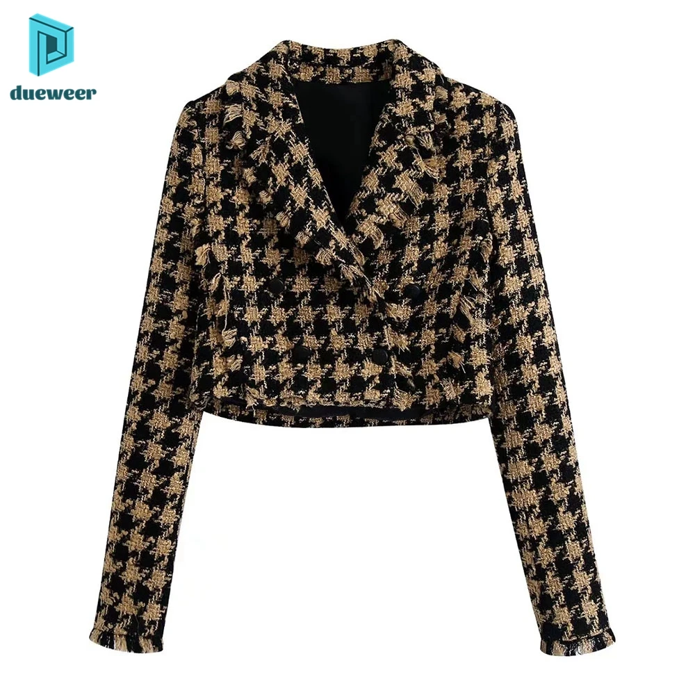 DUEWEER Houndstooth Tweed Short Jacket Women 2021 Vintage Long Sleeve Office Lady Blazer Female Double Breasted Streetwear Top
DUEWEER Houndstooth Tweed Short Jacket Women 2021 Vintage Long Sleeve Office Lady Blazer Female Double Breasted Streetwear Top