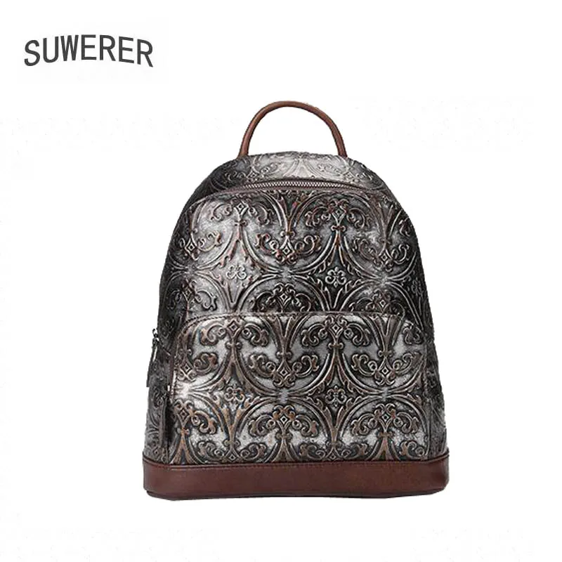 SUWERER 2019 New women backpack cowhide Embossed bag Retro fashion Silver Genuine Leather backpack Leisure large capacity bag 
SUWERER 2019 New women backpack cowhide Embossed bag Retro fashion Silver Genuine Leather backpack Leisure large capacity bag