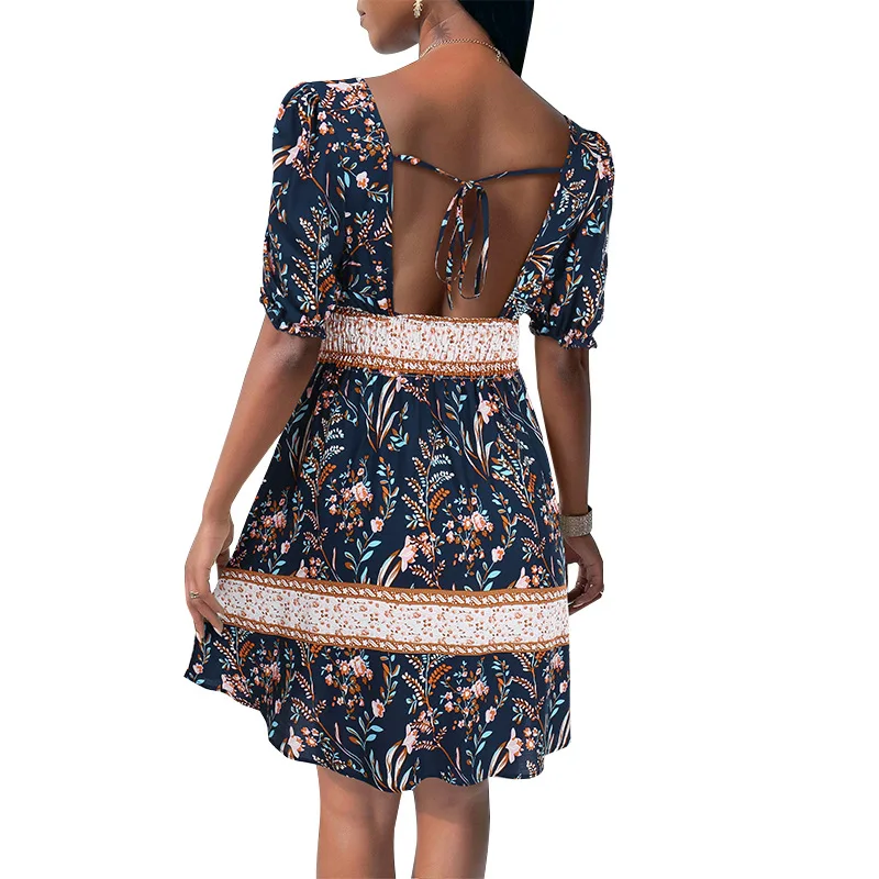 2021 Summer new style European and American women's fashion casual backless short-sleeved printed dress
2021 Summer new style European and American women's fashion casual backless short-sleeved printed dress