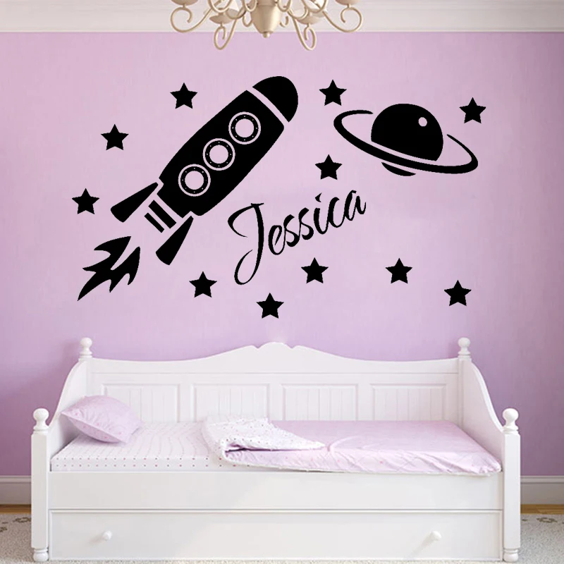 

Spaceship Wall Sticker Custom Name Decal Boys Kids Room Decoration Stars Spacecraft Art Mural Babys Bedroom Wall Decor Removable