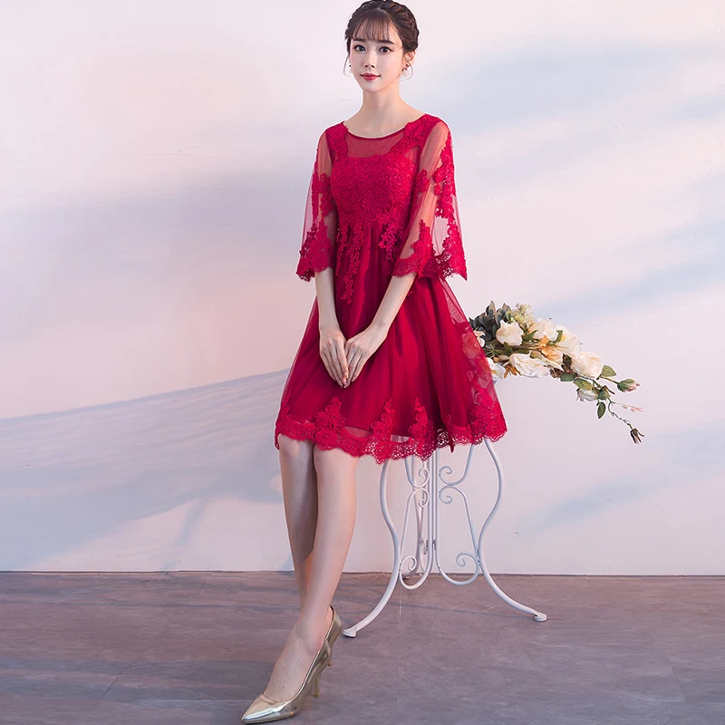 New Lace Up Prom Dress O-Neck Burgundy Flowers Embroidery Knee-length Empire Half Sleeves Elegant Formal Gowns For Women D707
New Lace Up Prom Dress O-Neck Burgundy Flowers Embroidery Knee-length Empire Half Sleeves Elegant Formal Gowns For Women D707