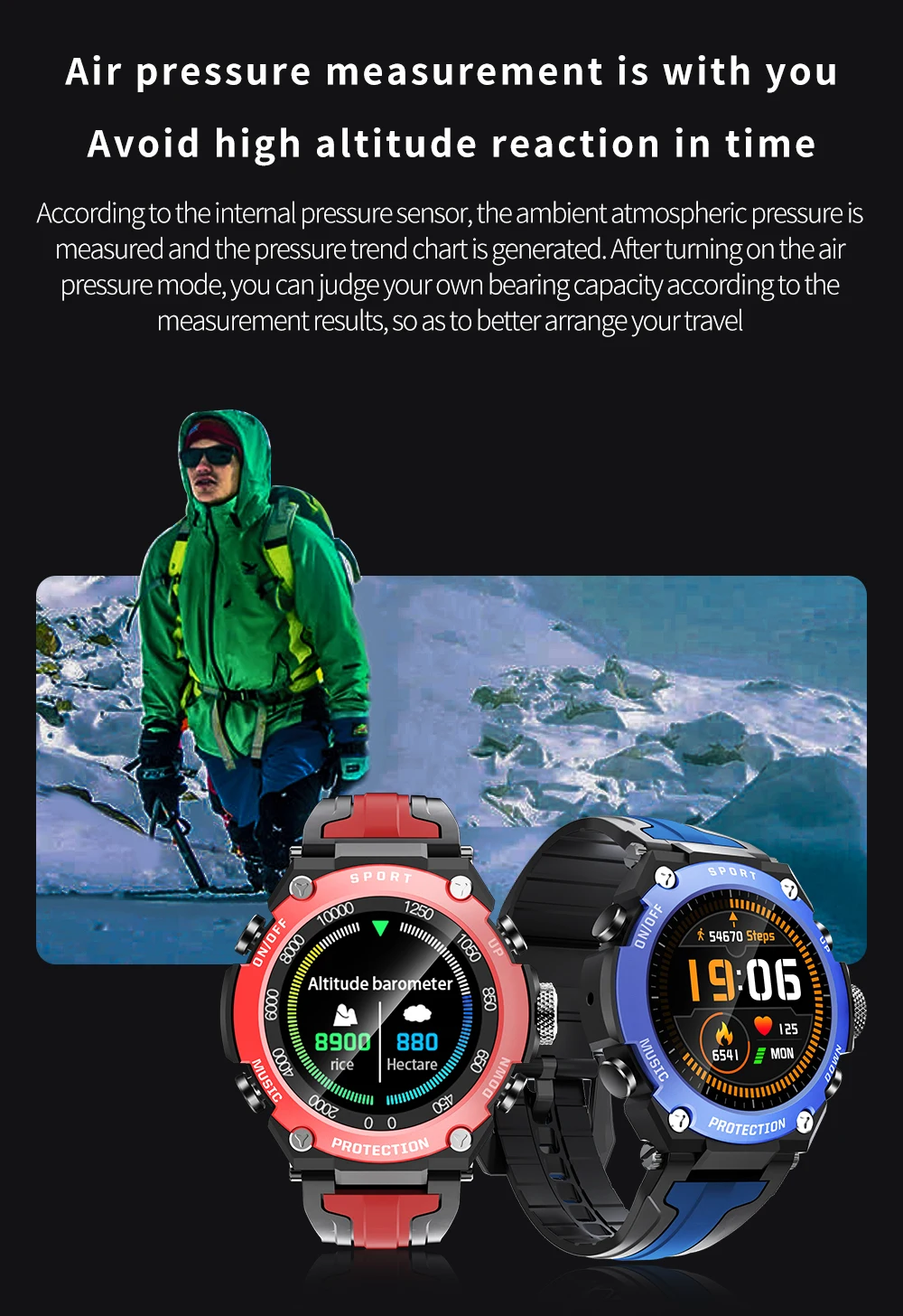 Intelligent sports watch, diving depth time display, altitude, pressure, compass, temperature, music function
Intelligent sports watch, diving depth time display, altitude, pressure, compass, temperature, music function