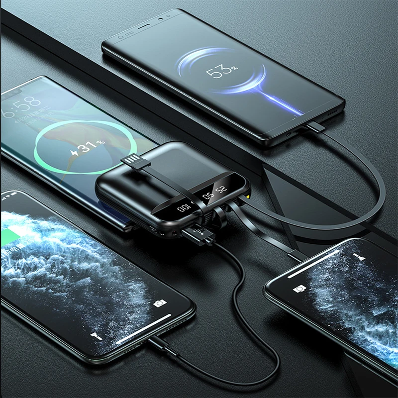 20000mAh Mini Power Bank Portable Charger Fast Charging Poverbank External Battery Pack Power Bank Built in Cable for All Phones
20000mAh Mini Power Bank Portable Charger Fast Charging Poverbank External Battery Pack Power Bank Built in Cable for All Phones
