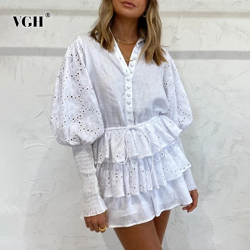 VGH Hollow Out Lace Up Dress For Women V Neck Puff Long Sleeve High Waist Ruched Mini Dresses Female Fashion New
VGH Hollow Out Lace Up Dress For Women V Neck Puff Long Sleeve High Waist Ruched Mini Dresses Female Fashion New