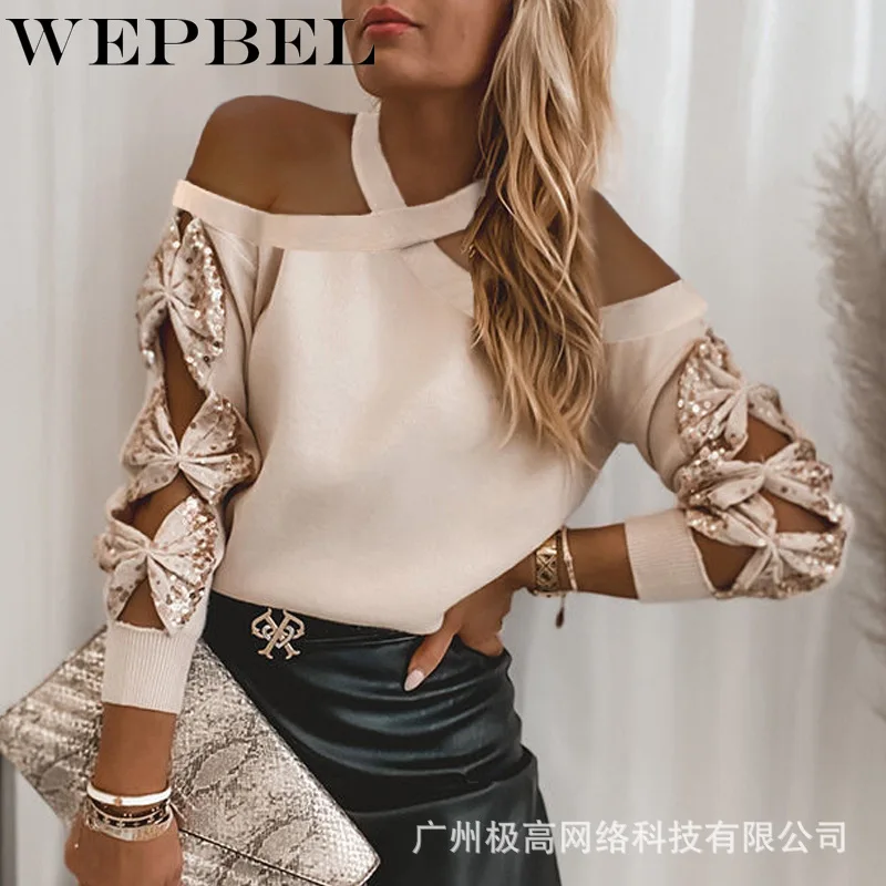 WEPBEL Women Elegant Sequins Off Shoulder Shirt Top Ladies Sexy Long Sleeve Cross Neck Halter T-shirt
WEPBEL Women Elegant Sequins Off Shoulder Shirt Top Ladies Sexy Long Sleeve Cross Neck Halter T-shirt