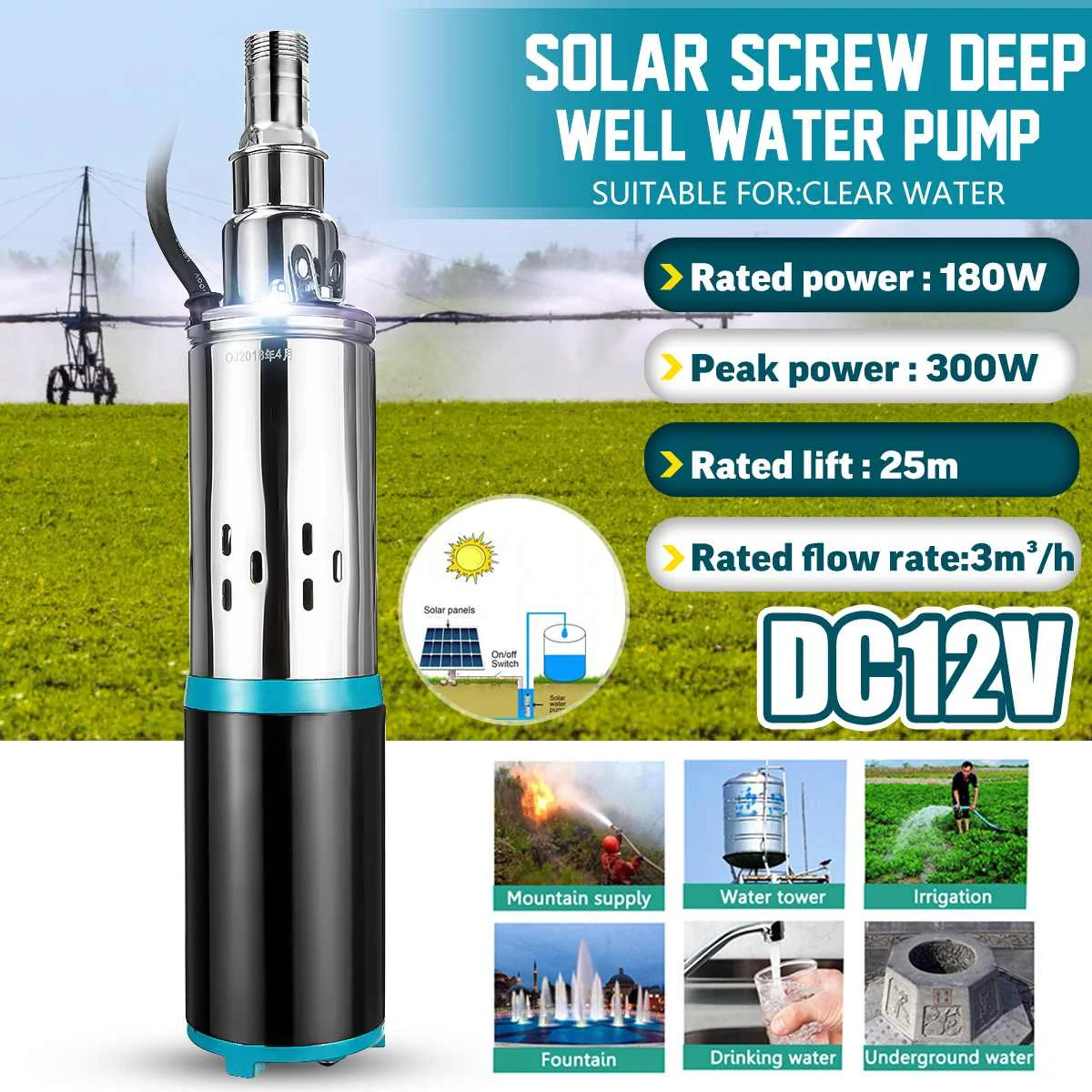 180W 12V/24V High Lift 25m Deep Well Pump Submersible Pump for Garden Home Agricultural Irrigation DC Screw Solar Water Pump
180W 12V/24V High Lift 25m Deep Well Pump Submersible Pump for Garden Home Agricultural Irrigation DC Screw Solar Water Pump
