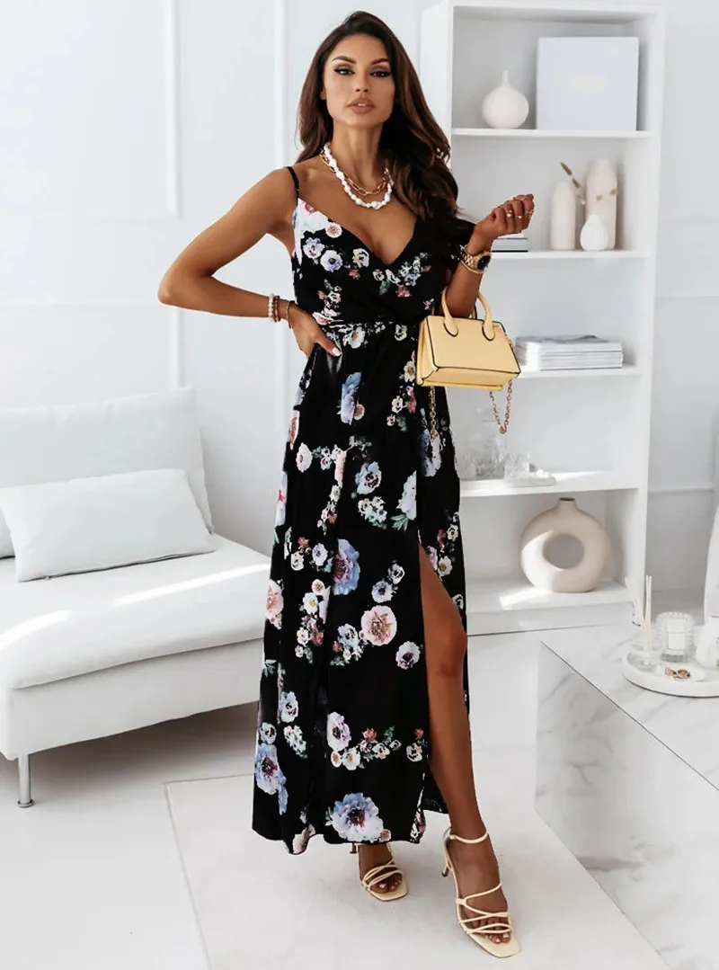 Summer Women Floral Strap Dress Female Elegant Sling V Neck Lace-Up Belt Long Dress Backless Bandage Boho Beach Slit Sundress
Summer Women Floral Strap Dress Female Elegant Sling V Neck Lace-Up Belt Long Dress Backless Bandage Boho Beach Slit Sundress
