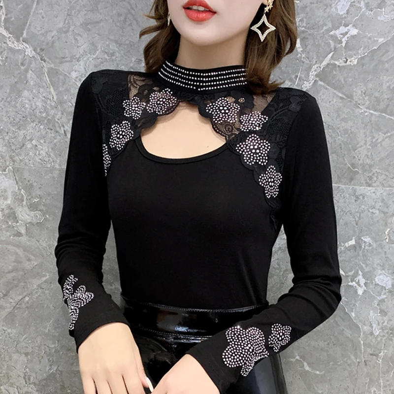 Spring Autumn New European Clothes Stand-up collar Female shirt Hot drilling Hollow out Tops Long-sleeved Women T shirt
Spring Autumn New European Clothes Stand-up collar Female shirt Hot drilling Hollow out Tops Long-sleeved Women T shirt
