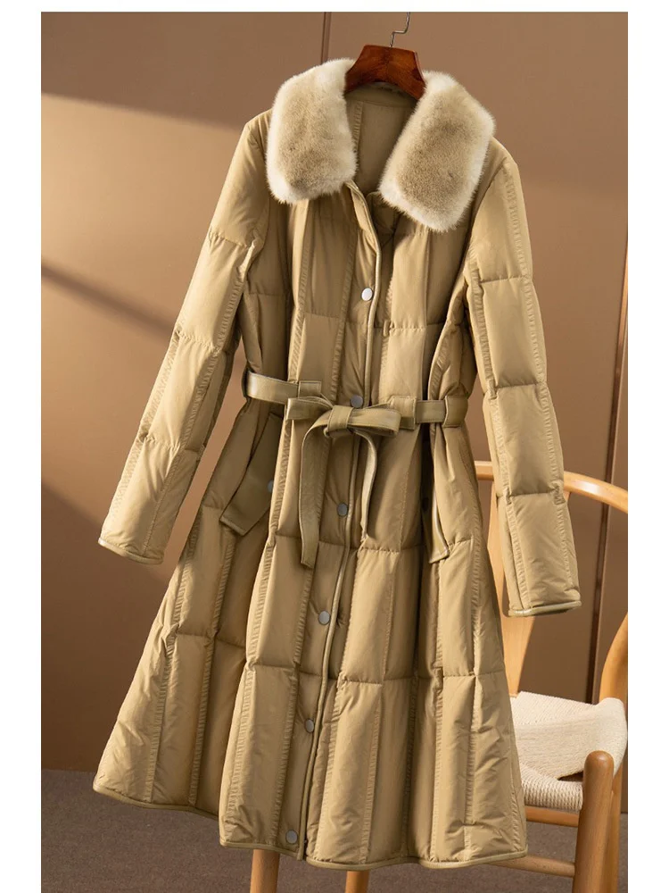 Mink fur collar stitched leather down jacket women's 2021 new thickened warm fur coat with a long waist
Mink fur collar stitched leather down jacket women's 2021 new thickened warm fur coat with a long waist