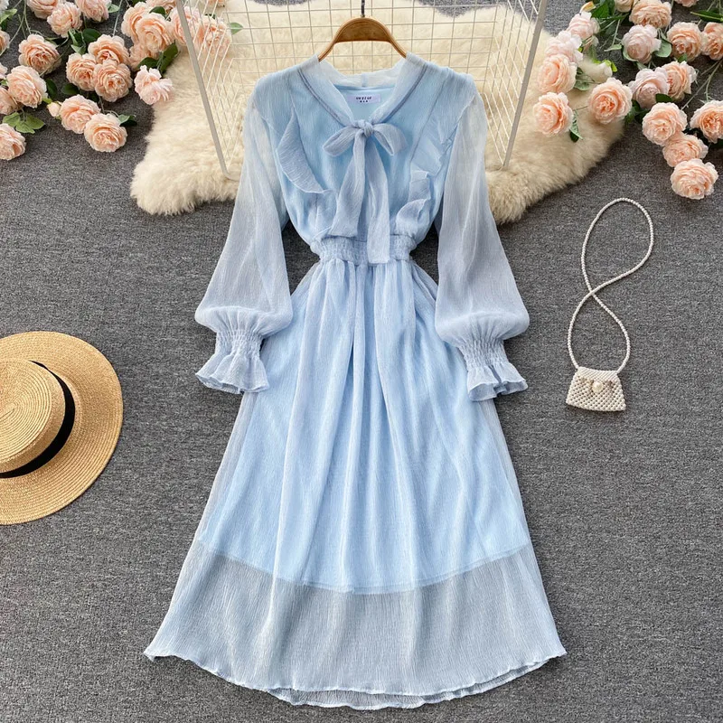 2022 Spring Summer New Elegant Long Sleeve Ruffles Dress Bow Tie Neck Chiffon A Line Women Casual Dress Vintage Midi Vestidos De
2022 Spring Summer New Elegant Long Sleeve Ruffles Dress Bow Tie Neck Chiffon A Line Women Casual Dress Vintage Midi Vestidos De