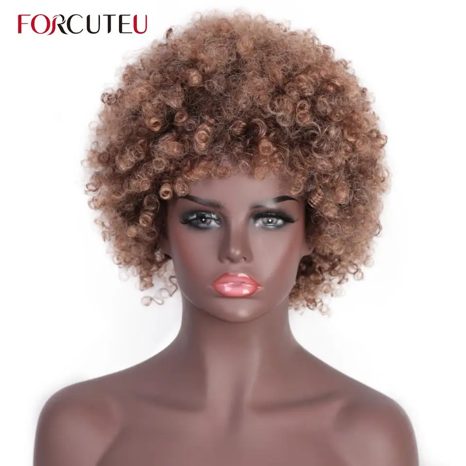 

FORCUTEU Blonde Short Afro Kinky Curly Hair Synthetic Wigs for Black Women Ombre Brown Wig Bouncy Curl Soft Natural Looking