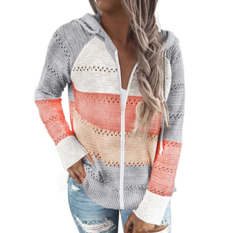 Women Long Sleeve Sweater Full Zip Up Hooded Jacket Color Block Knitted Cardigan
Women Long Sleeve Sweater Full Zip Up Hooded Jacket Color Block Knitted Cardigan