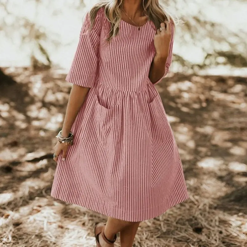 Vintage striped women dress o neck mid-sleeve summer solid color shirt dressNew casual lady female vestido with pocket
Vintage striped women dress o neck mid-sleeve summer solid color shirt dressNew casual lady female vestido with pocket