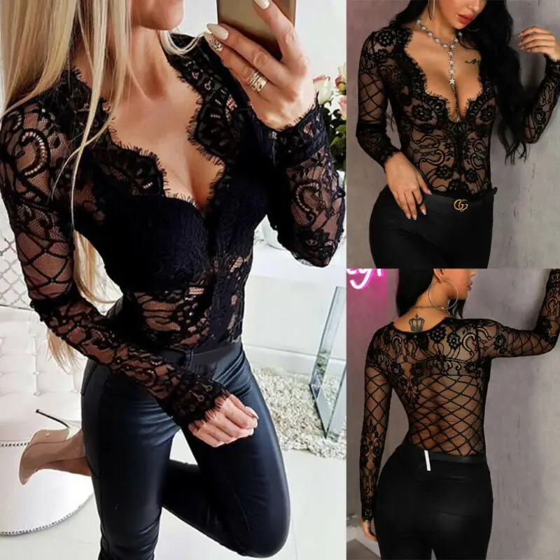 Women Lace Jumpsuit Bodycon Bodysuit Leotard Long Sleeve See Through Hollow Out Deep V Neck Sexy Tops
Women Lace Jumpsuit Bodycon Bodysuit Leotard Long Sleeve See Through Hollow Out Deep V Neck Sexy Tops