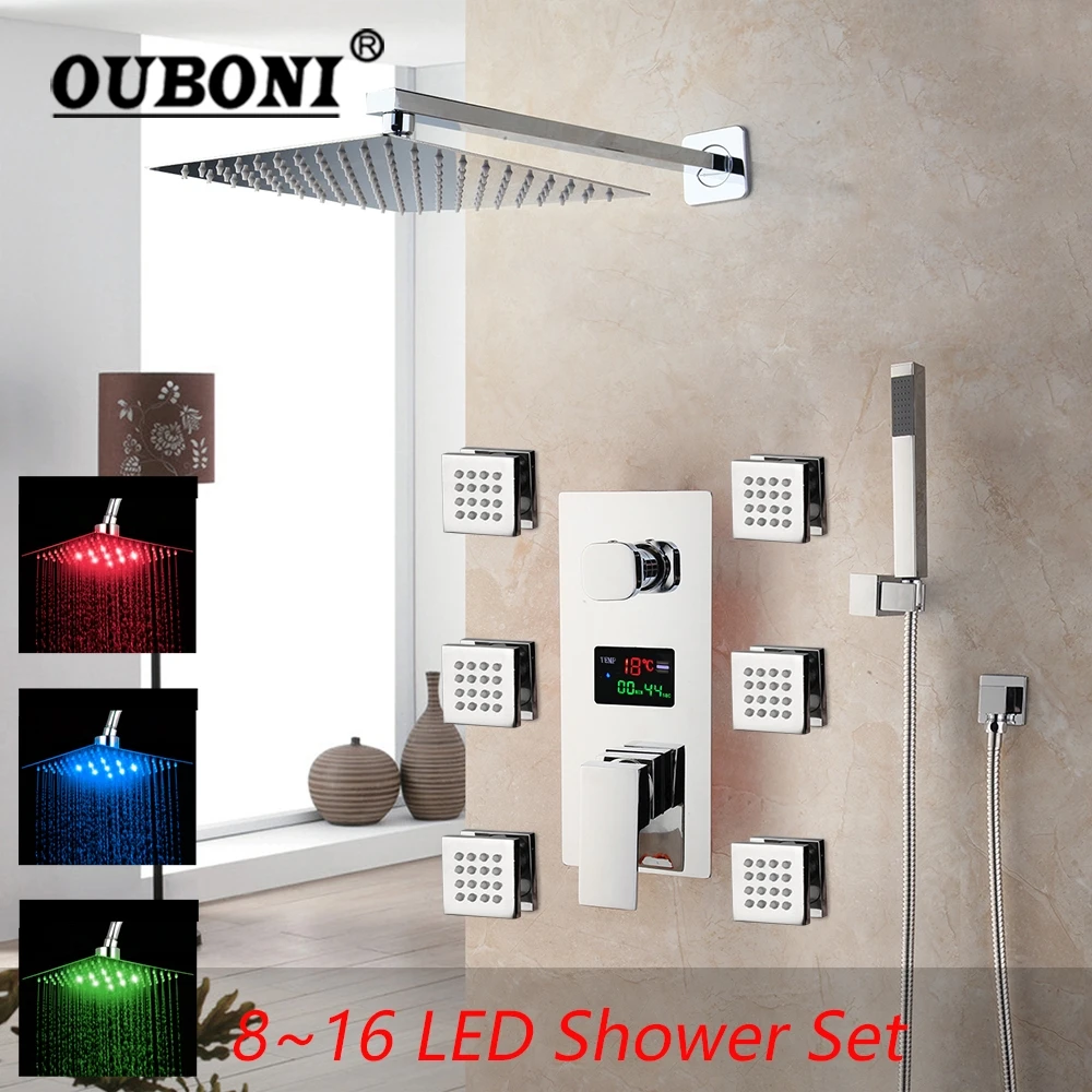 

OUBONI 8/16 Inch LED Bathroom Shower Set Faucet Square Chrome Brass Message Jets Digital Display Rainfall Kit Hand Shower Set