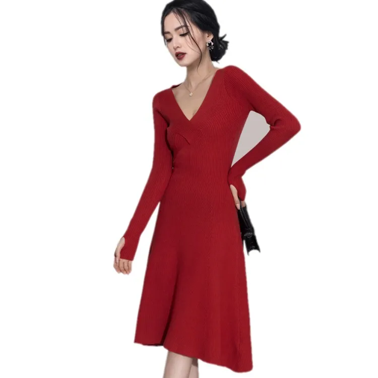 High Quality 2021 New Autumn Winter Women Fashion Red Sweater Dress Sexy V-Neck Long Sleeve Casual Slim Knitted A-Line Dress
High Quality 2021 New Autumn Winter Women Fashion Red Sweater Dress Sexy V-Neck Long Sleeve Casual Slim Knitted A-Line Dress