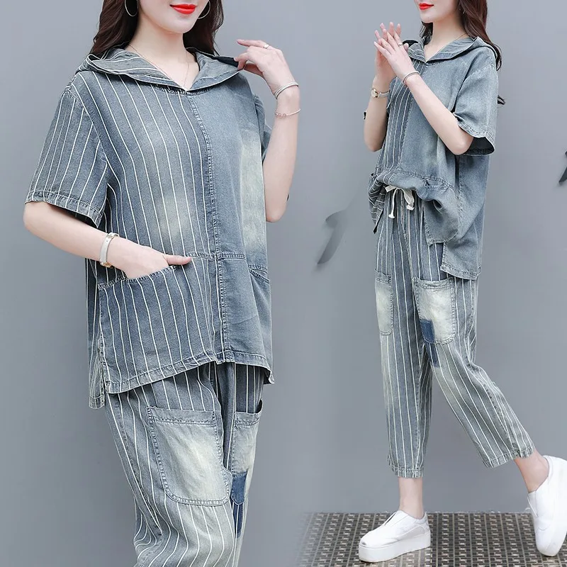 Fashion Vintage Denim Two Piece Set Female Splice Striped Hooded Tops High Waist Harem Jeans Sweatpants Summer Streetwear Sets
Fashion Vintage Denim Two Piece Set Female Splice Striped Hooded Tops High Waist Harem Jeans Sweatpants Summer Streetwear Sets