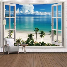 Imitation Window Landscape Tapestry Wall Hanging Tropical Tree Tapestries Art Home Decoration Sea Sunrise Dorm