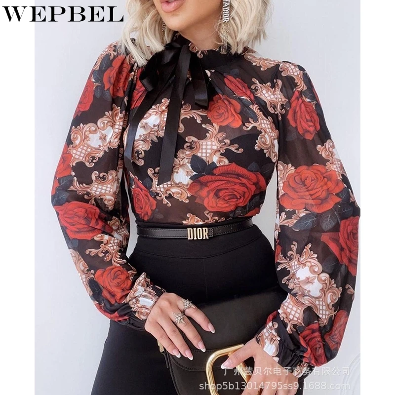 WEPBEL Blouse Women's Casual Floral Print See-through Shirt Autumn Fashion Long Sleeve Bow Bandage O-Neck Blouse
WEPBEL Blouse Women's Casual Floral Print See-through Shirt Autumn Fashion Long Sleeve Bow Bandage O-Neck Blouse